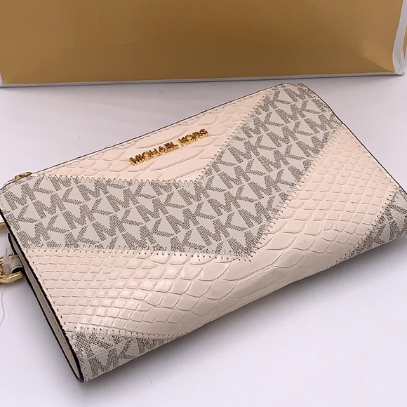 MICHAEL KORS LG DOUBLE ZIP WALLET LIGHT CREAM MULTI Crocodile Leather Snakeskin - Picture 8 of 14